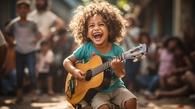 Unconventional jam session! A child rocking out on their toy guitar, lost in the joy of music Generative AI