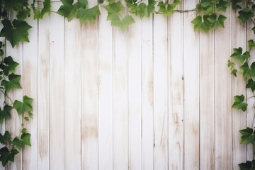 白い壁と観葉植物　ツタと木目壁の背景画像　Background image of ivy and wood grain wall　Generative AI