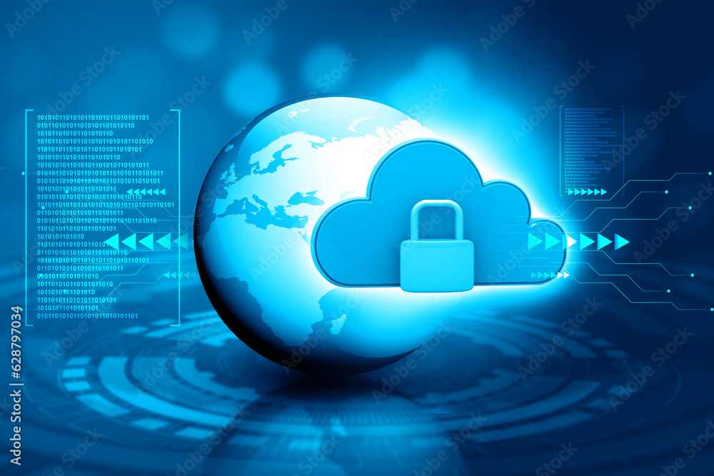 Poster earth globe with cloud network icon. cloud computing security concept. 3d illustration.