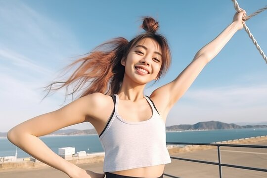 Asian woman relax workout in sunny day