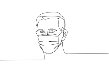 Doctor, medical uniform, nurse, a man in a medical mask, protection, hygiene, sterility, medical supplies, equipment one line art. Continuous line drawing of disposable, tool, surgery, pandemic, virus