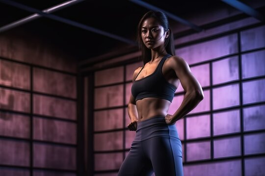 Fit asian woman working out with intense training movement.