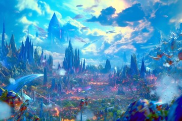 Landscape View of a Futuristic Fantasy World Surreal Psychedelic Parallel Dimension Background