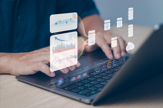 Data analyst working on dashboard with charts , concept of presenting data to analyze performance or Key Performance Indicators (KPI) to report on performance of business organizations