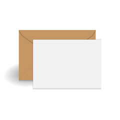 White standing greeting card and brown kraft paper envelope mockup template. Isolated on white background with shadow. Ready to use for your design or business. Vector illustration.