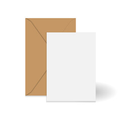 White standing greeting card and brown kraft paper envelope mockup template. Isolated on white background with shadow. Ready to use for your design or business. Vector illustration.
