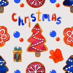 Holiday watercolor seamless pattern with Christmas balls, and gingerbread cookies, Hand Lettering, gifts on a light background. Wrapping paper, cards, seasonal decorations, background.
