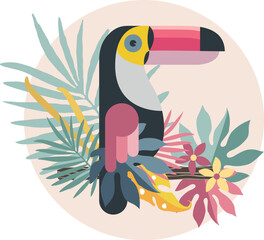 Flat tropical illustration with a toucan and tropic plants.