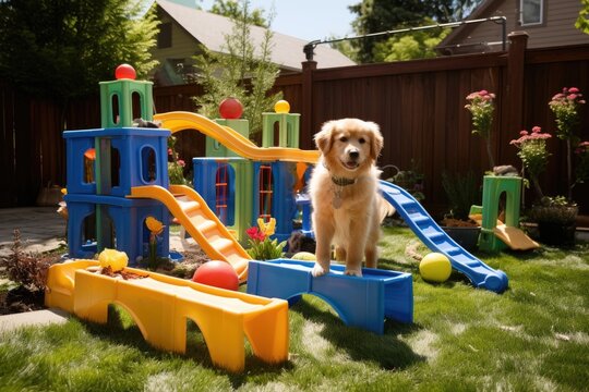 puppy obstacle course set up in backyard