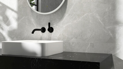 Black stone vanity counter top, white modern square ceramic washbasin, deck mount faucet in bathroom in sunlight, shadow on marble for luxury beauty, cosmetic, skincare, body care background 3D