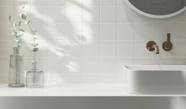 White vanity counter top, square wall tiles with ceramic washbasin, modern minimal style faucet, twig glass vase in bathroom in morning sunlight and shadow for beauty, cosmetic, skincare background 3D