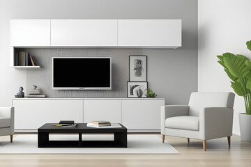 Mockup a cabinet TV wall mounted with armchair in living room with a white cement wall. 3d rendering