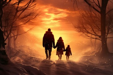 Family winter forest sunset. Generate Ai