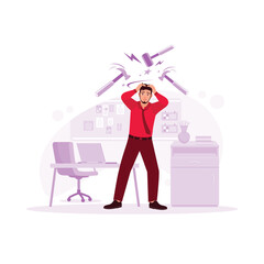 A young man in a tie squeezes his head with his hands and feels like he's been hit with a hammer, stress, tension, and migraines. Trend Modern vector flat illustration