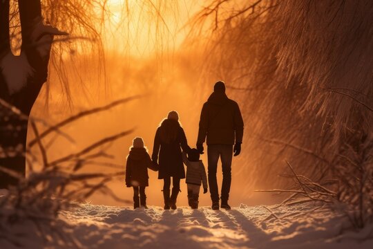 Family winter forest sunset walk. Generate Ai