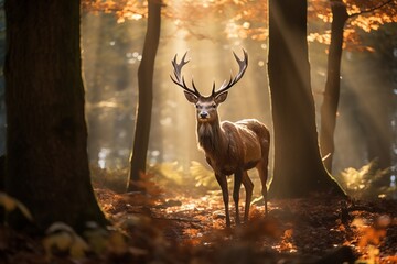 deer with big horns in a dense forest in the rays of morning light. The concept of animal protection. generative ai.