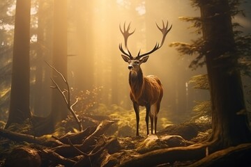 deer with big horns in a dense forest in the rays of morning light. The concept of animal protection. generative ai.