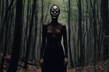 Fototapeta na wymiar Masked Mysterious Woman in a Forest