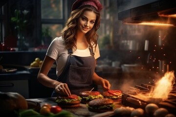 the girl cooks hamburgers in the kitchen. generative ai.