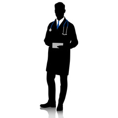Silhouette of a doctor in a white coat with a tablet in his hands. Male healthcare worker. Hand-drawn vector illustration set isolated on white