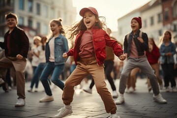 happy girls and boys dancing on the street. Concept of happiness. generative ai.