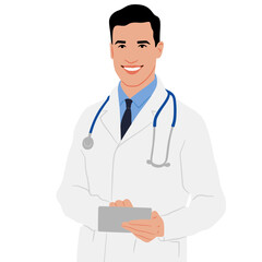 Fototapeta premium A doctor in a white coat with a tablet in his hands. Male healthcare worker. Hand-drawn vector illustration set isolated on white