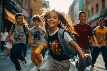 happy girls and boys dancing on the street. Concept of happiness. generative ai.