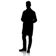 Silhouette of a doctor in a white coat with a tablet in his hands. Male healthcare worker. Hand-drawn vector illustration set isolated on white