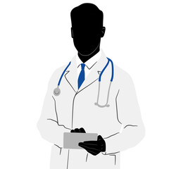 Fototapeta premium Silhouette of a doctor in a white coat with a tablet in his hands. Male healthcare worker. Hand-drawn vector illustration set isolated on white