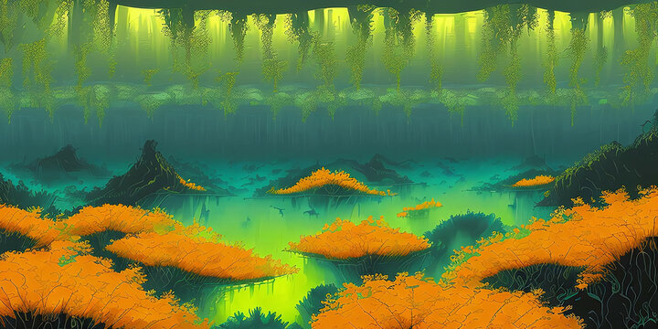Underwater landscape. Aquatic background. Digital illustration. Generative AI.