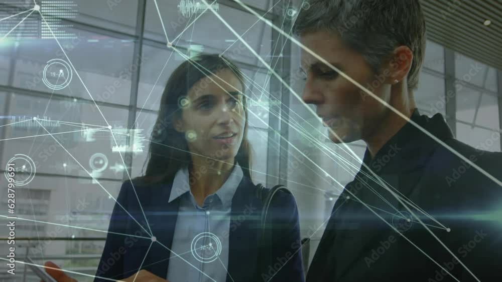 Poster animation of network of connections and data processing over two diverse women discussing at office