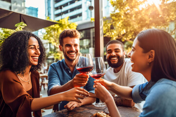 Obraz premium A group of friends drinking wine and relaxing outdoors