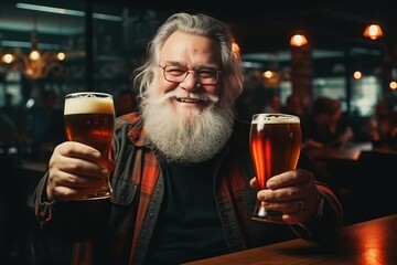 a man with a gray beard holds a glass of beer in the background of a bar. generative ai.
