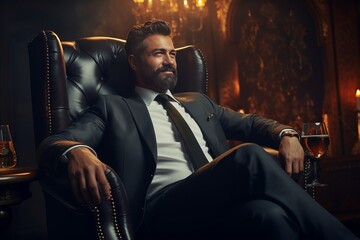 a man in a classic suit sits in a leather chair with a glass of whiskey. The concept of ulicha....
