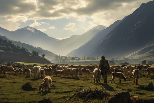 a man grazes goats and sheep in the meadow against the background of mountains. generative ai.