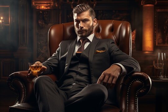 a man in a classic suit sits in a leather chair with a glass of whiskey. The concept of ulicha. generative ai.