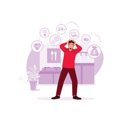 Man holding head, too much on the mind and feeling stressed. Trend Modern vector flat illustration