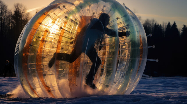 Zorbing extreme sports photography, front view sunset background. Generative ai