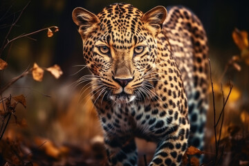 Yellow young Leopard looking at camera next to dry plants in autumn. Generative ai