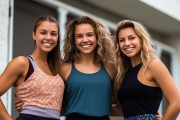 Female fitness friends smiling and standing together