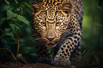 Yellow young Leopard coming towards camera from near green leafy plant. Generative ai