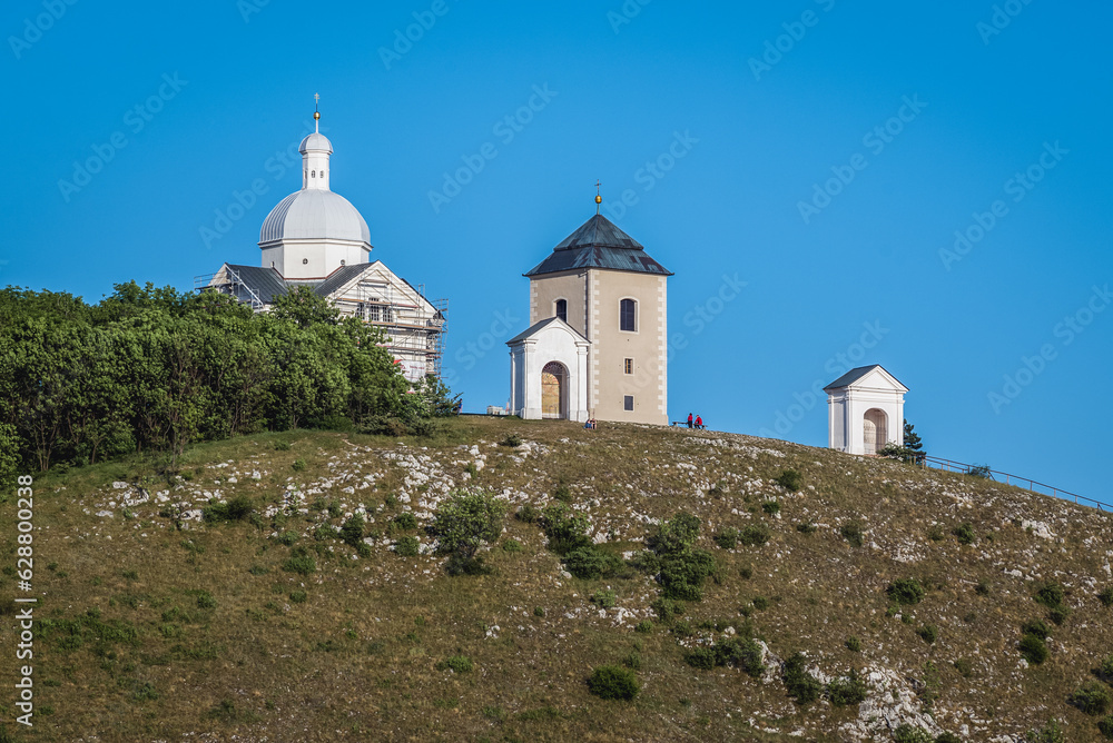 Poster Holy Hill with Saint Sebastian chapel and bell tower in Mikulov town, Czech Republic