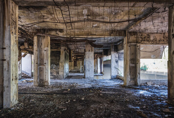 Fototapeta na wymiar Interior of abandoned hotel in so called Bay of Abandoned Hotels in Kupari village in Croatia