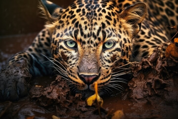 Yellow Leopard with green eyes and black spots lying in mud. Generative ai