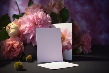 Postcard or invitation template on the table with flowers, shadows and blur dark background