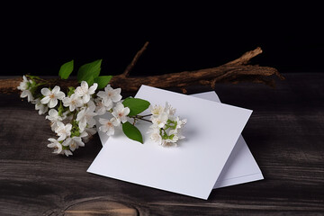 Postcard or invitation template on the table with branch of white flowers and dark background