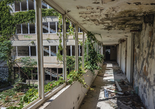 Corridor in ruined hotel in so called Bay of Abandoned Hotels in Kupari, Croatia