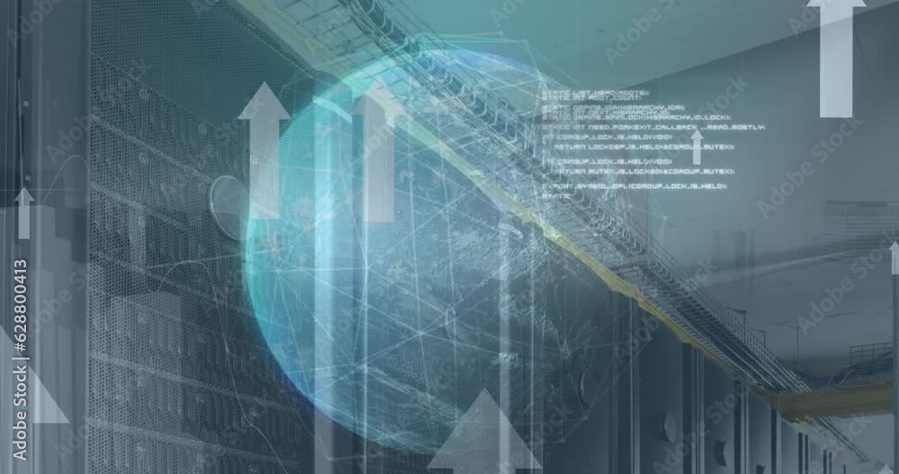 Aufkleber animation of spinning globe, data processing and arrow icons moving upwards against server room