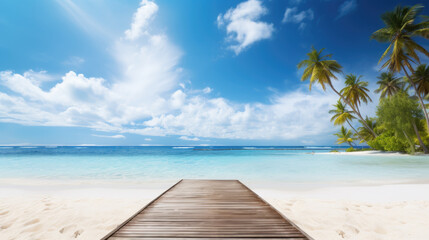 Fototapeta premium Wooden walkway with summer view, turquoise calm quiet sea background. Generative ai