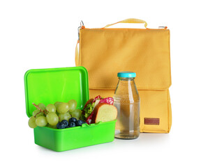 Bag with lunchbox and bottle of water isolated on white background
